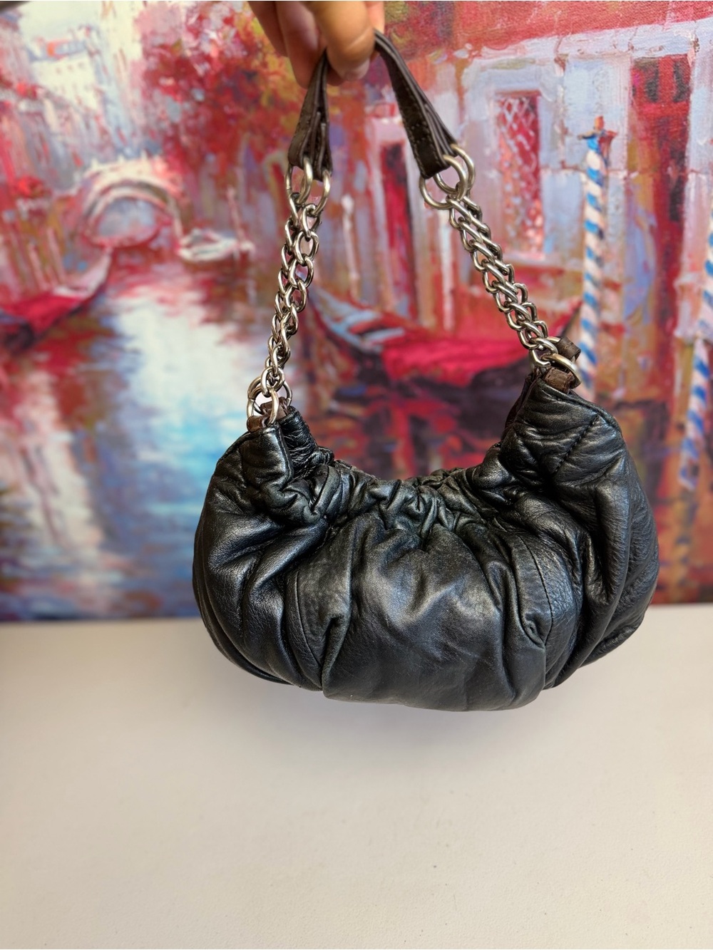BCBGMaxAzria Black Ruched Leather Hobo with Chain-Strap - Picture 3 of 14
